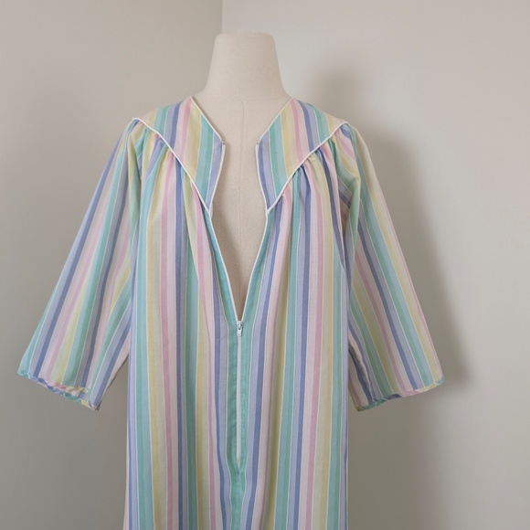 90's Striped Duster Pastel Wide Angel Sleeve Midi Zipper Front V-Neck 3/4 Maxi - Picture 8 of 12